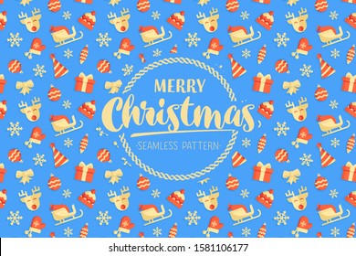 Vector seamless flat pattern with Merry Christmas and Happy New Year icons. For design, banners, print on paper and more.