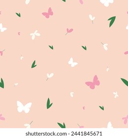 Vector seamless flat pattern with minimalistic flowers, butterflies, and petals in delicate pastel colors.
