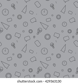 Vector seamless flat pattern with offic and work tools icons.  Thin line illustration design for wallpapers, print,, packaging, magazines and backdrops on websites.