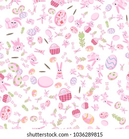 vector seamless flat pattern of pink rabbits in different poses, plants and Easter eggs isolated white background