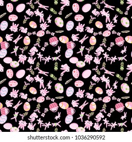 vector seamless flat pattern of pink rabbits in different poses, plants and Easter eggs isolated black background