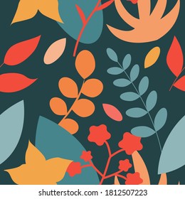 Vector seamless flat pattern of plants in autumn retro colors