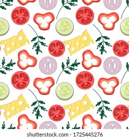Vector seamless flat pattern with slices of vegetables and cheese. Ingredients for the cooking. Colorful seamless pattern of vegetable, good for fabric textile print or wrapping paper. 