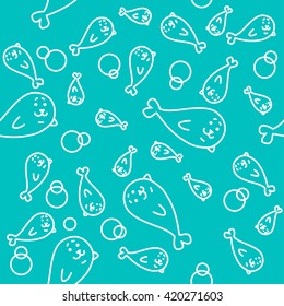Vector seamless flat simple animal seal icon pattern. Blue and white background. White stroke. Package design. Northern animal icon.