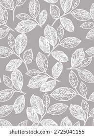 Vector seamless floral abstract background with  leaves . White leaves on grey background. Monochrome pattern