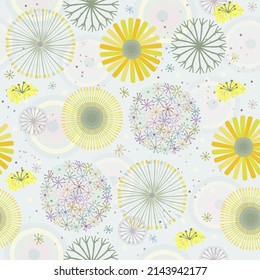 Vector seamless floral abstract pattern with various dandelions. Soft pastel colors. Summer sunny concept.