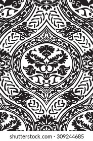 Vector seamless floral antique pattern with interlacing ribbons black and white background