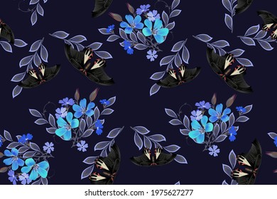 Vector seamless floral background with butterflies Swallowtail Butterfly pattern, close-up, black with red spots, blue and purple flowers on a dark background for fabric, scarf, hijab design.