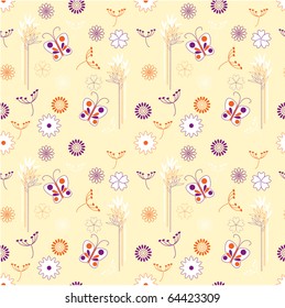 vector seamless floral  background with butterflies in eastern style