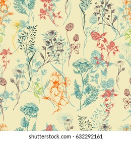 Vector seamless floral background with colored herbs on beige. Ink drawn botanical illustration for fabric, wrapping, prints and other design. Pattern with wild meadow flowers