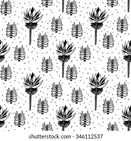 Vector seamless floral background. Decorative hand drawn black and white pattern. Texture for web, print, wallpaper, home decor, spring summer fashion fabric, textile, invitation or website background