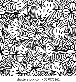 Vector seamless floral background. Decorative hand drawn black and white pattern. Texture for web, print, wallpaper, home decor, spring summer fashion fabric, textile, invitation or website background