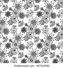 Vector seamless floral background. Decorative hand drawn black and white pattern. Texture for web, print, wallpaper, home decor, spring summer fashion fabric, textile, invitation or website background