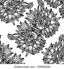 Vector seamless floral background. Decorative hand drawn black and white pattern.