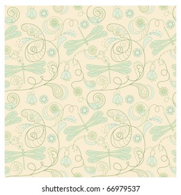 vector seamless floral background with dragonflies and flowers.4  clipping masks