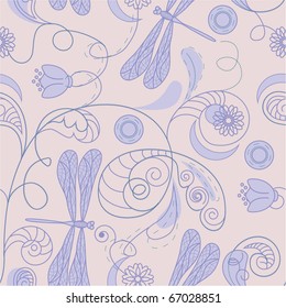 vector seamless floral background with dragonflies and flowers.clipping mask