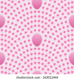 Vector seamless floral background from Easter painted eggs and pink stylized flowers