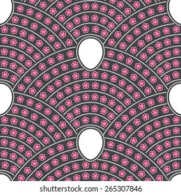 Vector seamless floral background from Easter eggs and pink stylized flowers on dark grey background