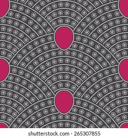 Vector seamless floral background from Easter  red painted eggs and stylized flowers on dark grey background