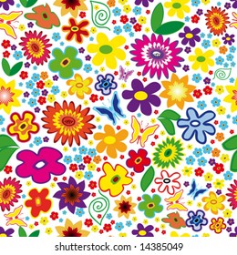 Vetor Fundo Floral Sem Costura com flores e borboletas (Veja a versão raster Também em Meu Portfólio)