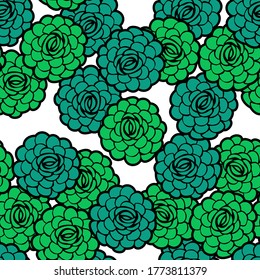 Vector seamless floral background in green colors. Openwork illustration. Background with succulents. Design for print, wallpaper, fabric, packaging, corporate identity.