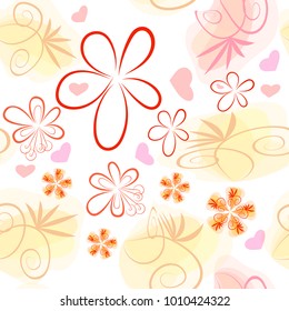 Vector seamless floral background with heart-shaped flowers in gentle pastel colors.