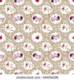 Vector seamless floral background with people. Decorative hand drawn colorful pattern.