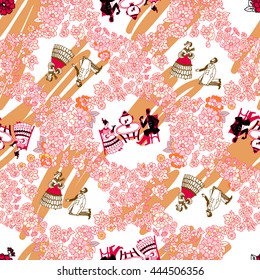 Vector seamless floral background with people. Decorative hand drawn colorful pattern.