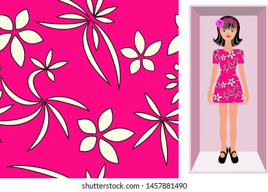 Vector seamless floral background pinc black white for decoration. A doll in a box is an example of using a pattern on a dress.