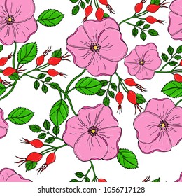 Vector seamless floral background with pink flowers of dog roses