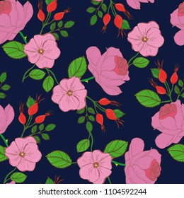 Vector seamless floral background with pink flowers of dogroses and garden roses