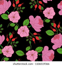 Vector seamless floral background with pink flowers of dogroses and garden roses