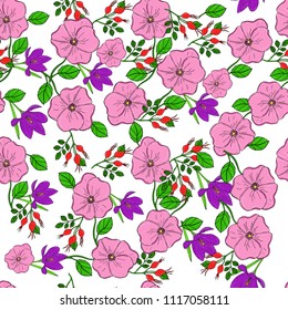 Vector seamless floral background with pink flowers of dog roses and violet crocus.