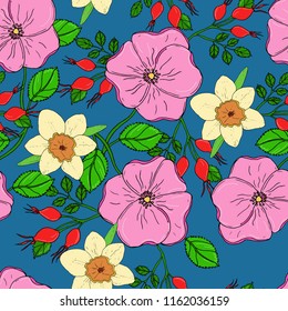 Vector seamless floral background with pink flowers of dogroses and daffodils.