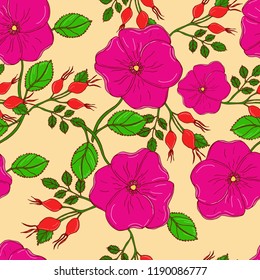 Vector seamless floral background with pink flowers of dog roses