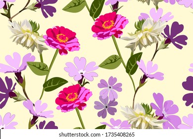 Vector nahtlos floralen Hintergrund mit realistischen Blumen von Zinnia, weißen Dahlien, Primaten. Sommerprint für Design Textilien, Tapeten, Packpapier.