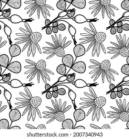 Vector de fondo floral sin fisuras en forma de boceto con camomila y caderas de rosa para tejidos, papel, textil, envoltura de regalo aislada en fondo blanco 