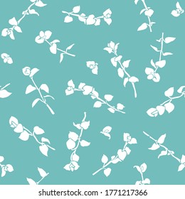 Vector seamless floral background with white silouettes of plants on mint background.