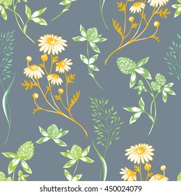 Vector seamless floral background with wild herbs and flowers on grey. Hand drawn botanical herbal illustration in sketch style. For print, fabric, wallpaper, wrapping and other seamless design.