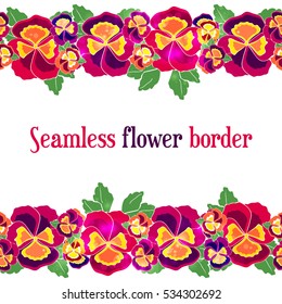 Vector seamless floral border. Design for wedding invitation, flower shop and beauty salons. Bright pansies on a white background