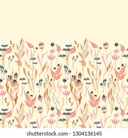 Vector seamless floral border. Herbs and wild flowers. Botanical Illustration engraving style. Colorful pattern on beige background