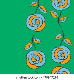 Vector seamless floral border. Isolated rose flowers in yellow, blue and green colors.