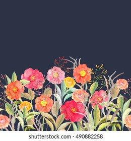 Vector seamless floral border. Isolated roses and wild flowers i