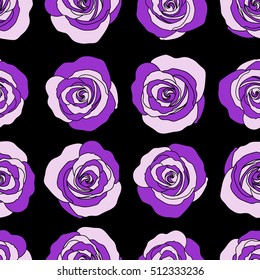 Vector seamless floral border. Isolated rose flowers in violet colors on a black background.