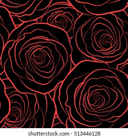 Vector seamless floral border. Isolated rose flowers silhouette in red colors on a black background.