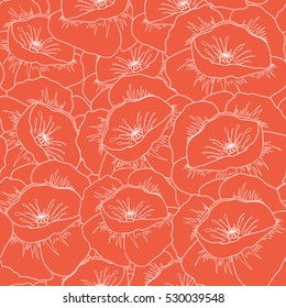 Vector seamless floral border. Isolated poppy flowers silhouette in orange colors.