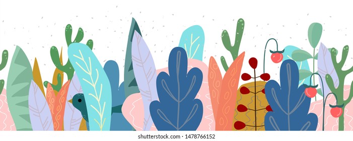 Vector Seamless Floral Border Of Leaves, Plants and Flowers with a Hidden Bird. Horizontal Seamless Natural Pattern On a white background.