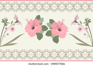 Vector seamless floral border pattern delicate pink flowers on a light pastel background, feminine motive fabric design, postcard, scrapbook, wrapping paper, textile, wallpaper, scarf  Hibiscus flower