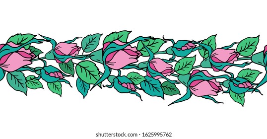Vector seamless floral border of roses. Design for paper, covers, greeting cards, invitations, frames and brushes.