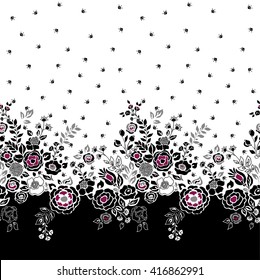 Vector seamless floral border. Silhouettes of flowers and grass, hand drawn illustration